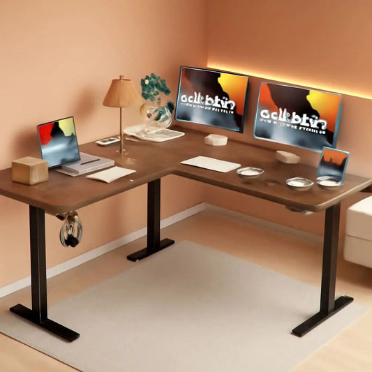 L Shaped Electric Standing Desk | 63 x 55 Inch | Height Adjustable 27.8 to 45.9 Inches | Dark Walnut