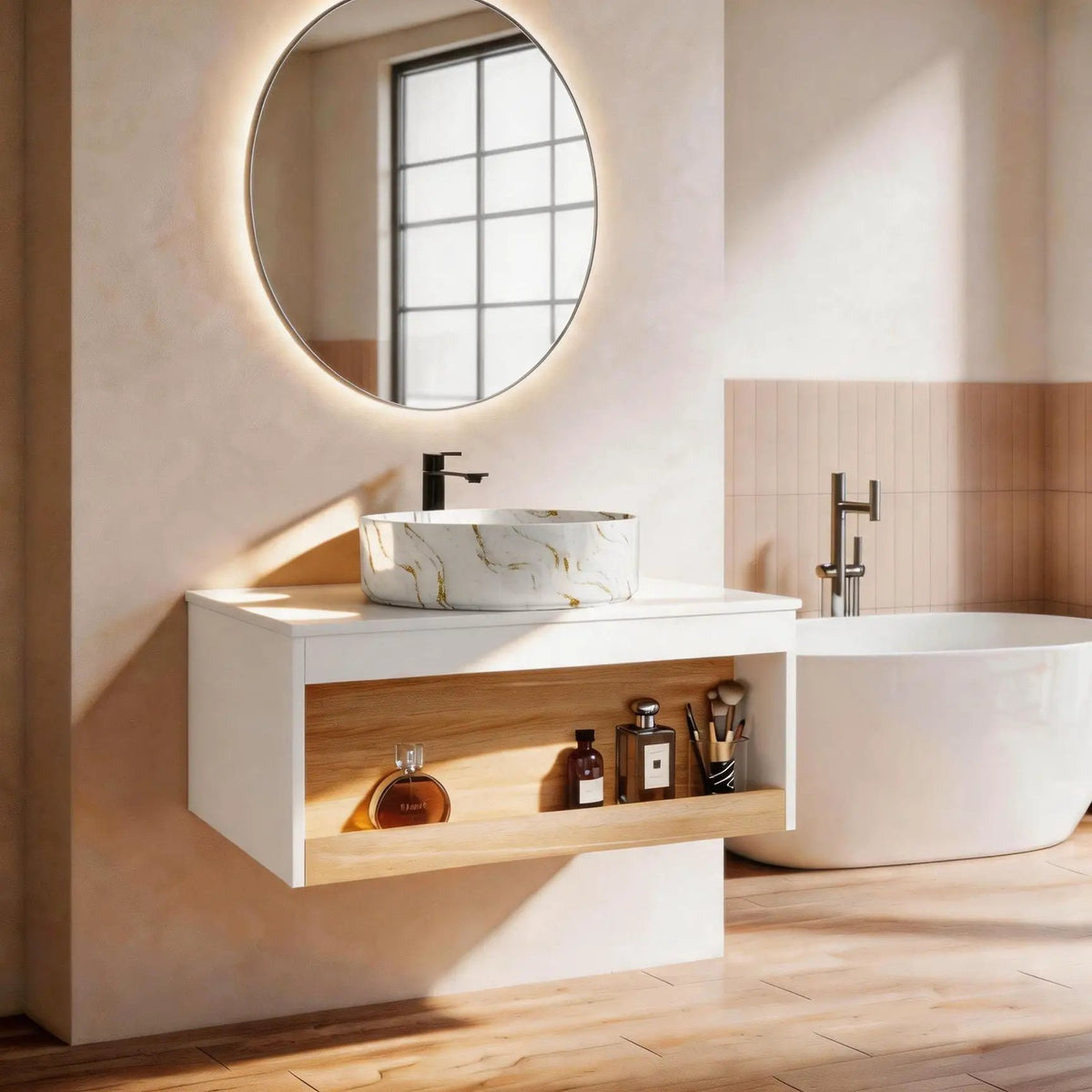 Floating Bathroom Vanity | Wall Mounted | Ceramic Vessel Sink | White
