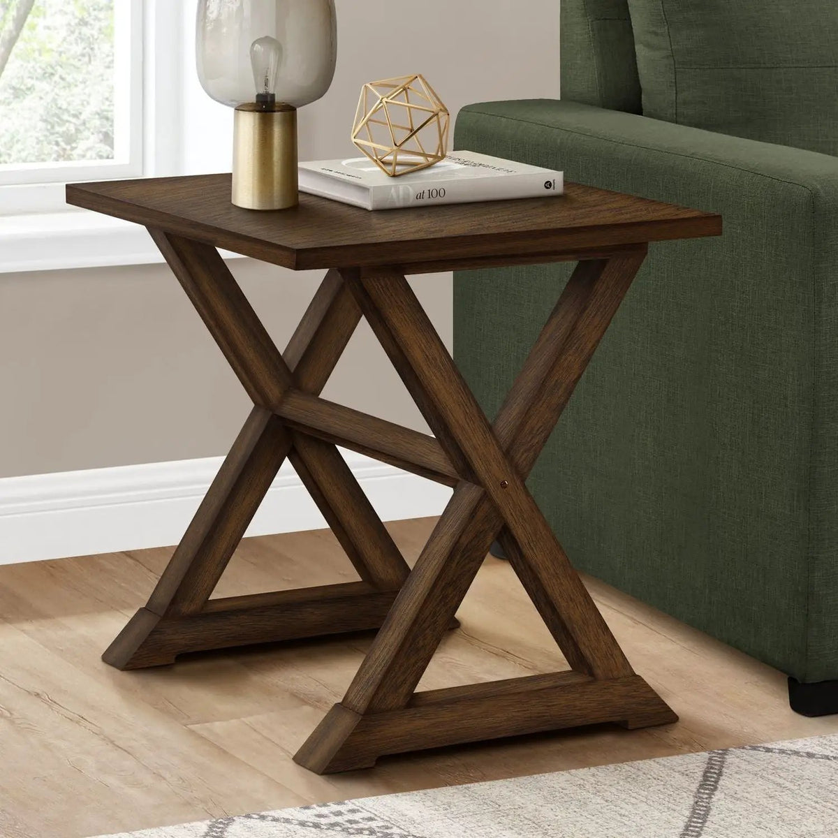 Compact Square Accent End Table | Transitional Style | Solid Wood Trestle Base | Veneer Top