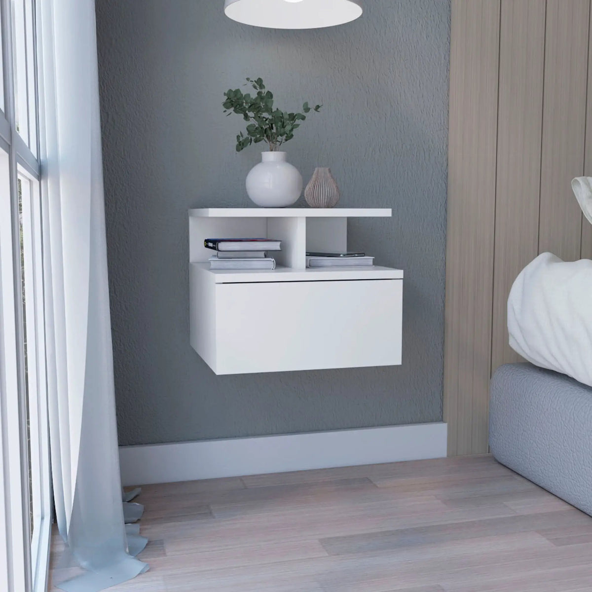 Floating Nightstand Wall Mounted | Single Drawer | Two Tier Shelf | White