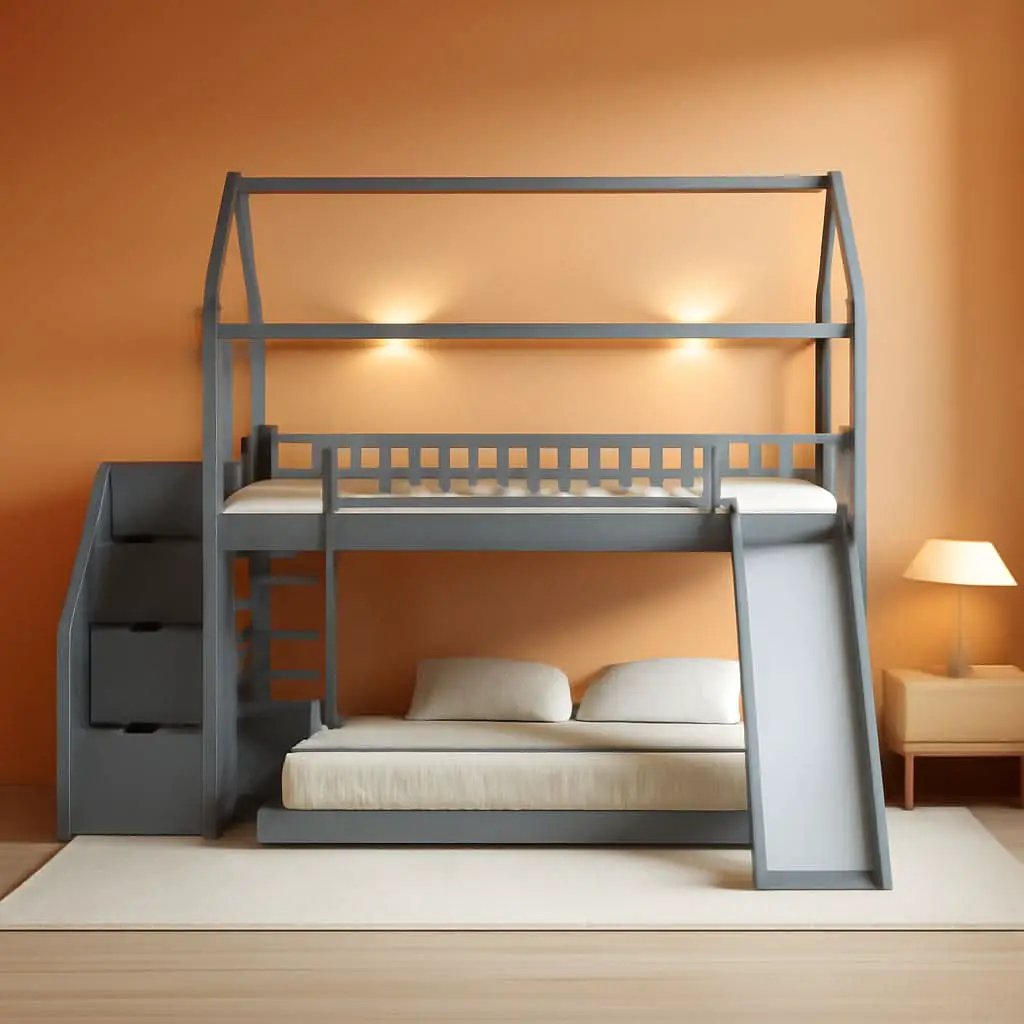 Gray Twin Loft Bunk Bed With Slide And Stairs Storage from PriceLows™