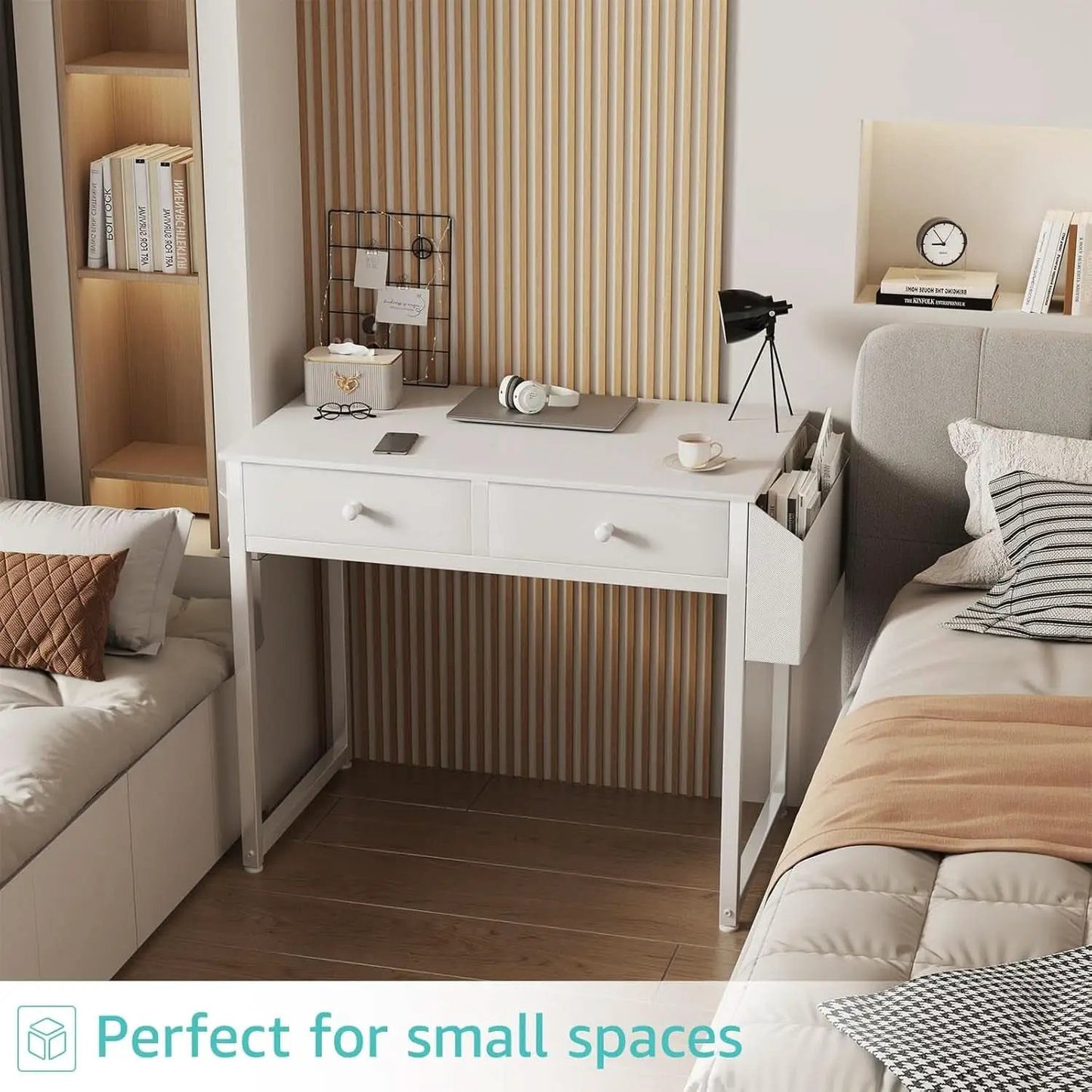 White Desk With Drawers 32 Inch Space Saving Home Office Desk from PriceLows™
