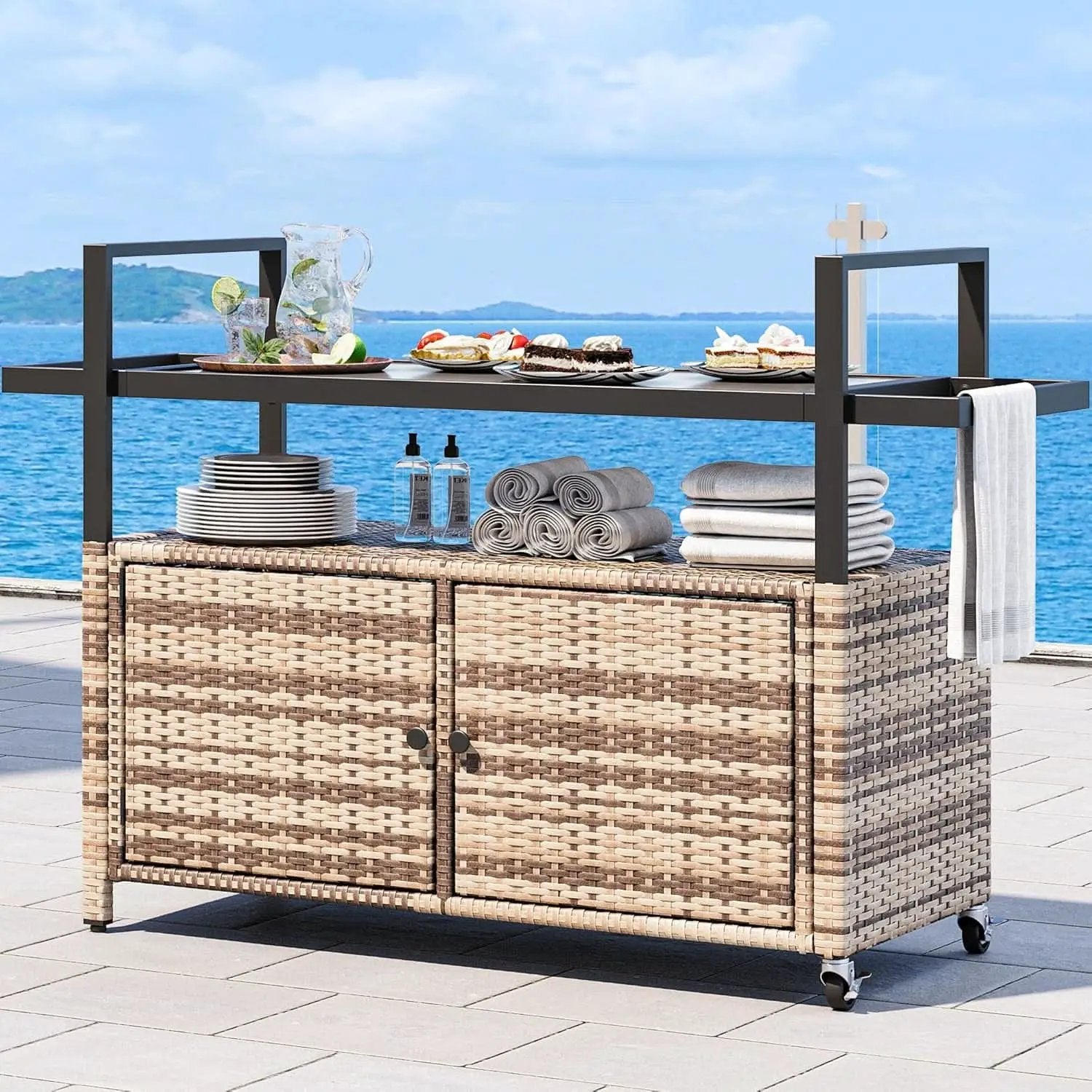 Large Outdoor Kitchen Rolling Cart With Black Glass Top from PriceLows™