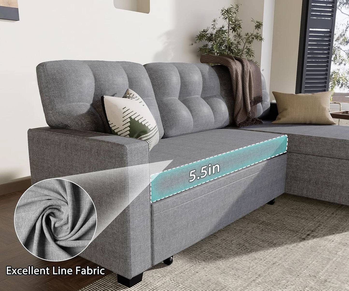Reversible Sectional Sofa Couch, Sleeper Sofa Bed with Storage Chaise Pull Out Couch for Living Room | Hidden Stroge | Pull Out Bed | Removable Backrest | Linen Fabric, Light Grey from PriceLows™