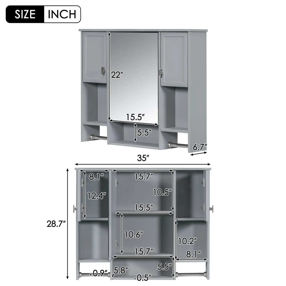 Wall Mounted Bathroom Cabinet With Mirror | Towel Bar | Closed Cabinets And Open Shelves | 35 Inch Width