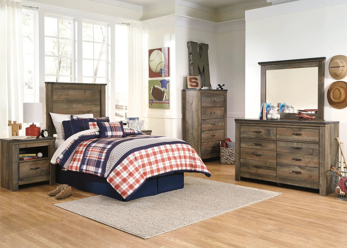 Trinell Five Drawer Chest | Brown Rustic Plank Finish | Replicated Oak Grain | Engineered Wood