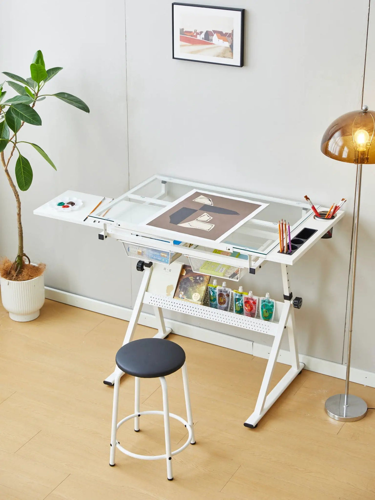 Tempered Glass Drafting Table | Adjustable Tilt 0 To 75 Degrees | Two Metal Drawers | Chair Included