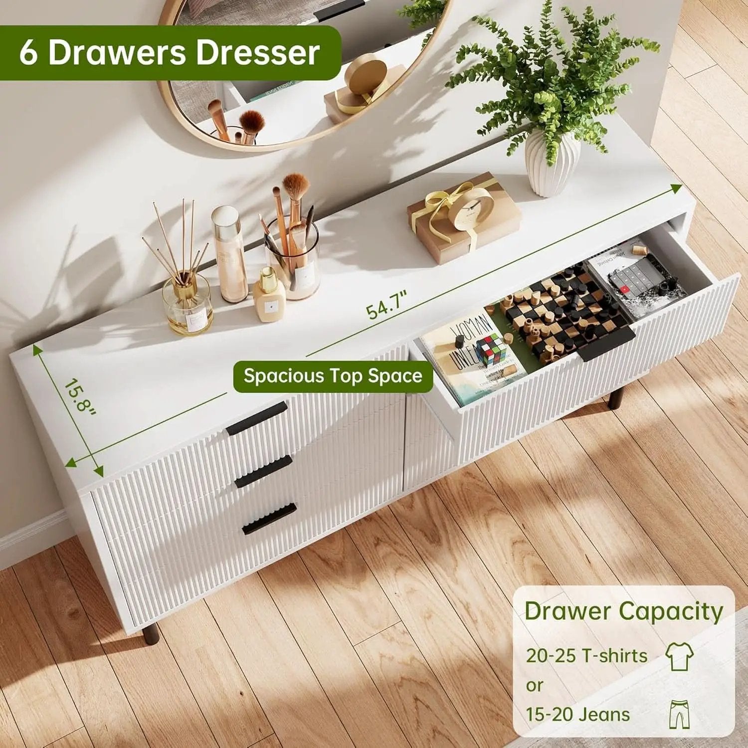 White Fluted Contemporary Dresser With Stainless Legs from PriceLows™
