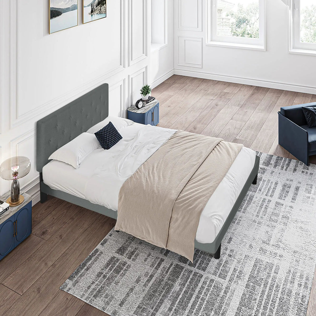 Platform Bed Frame | Button Tufted Headboard | Box Spring Free