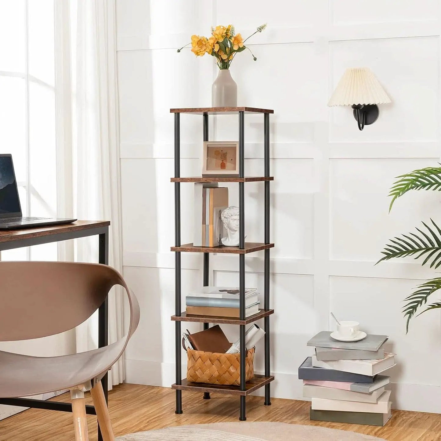 Five Tier Corner Shelf Stand Rustic Brown And Black Bookcase from PriceLows™