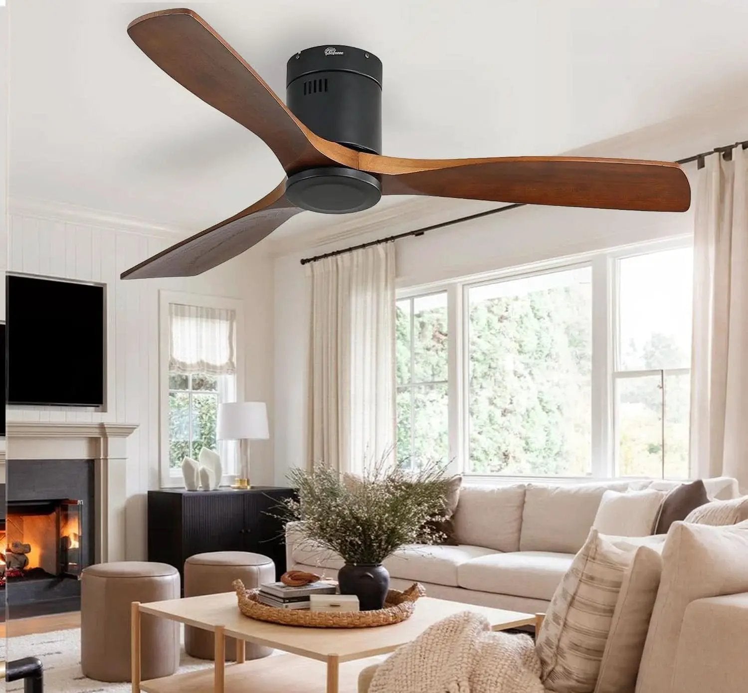 52 Inch Solid Wood Flush Mount Ceiling Fan With Remote from PriceLows™
