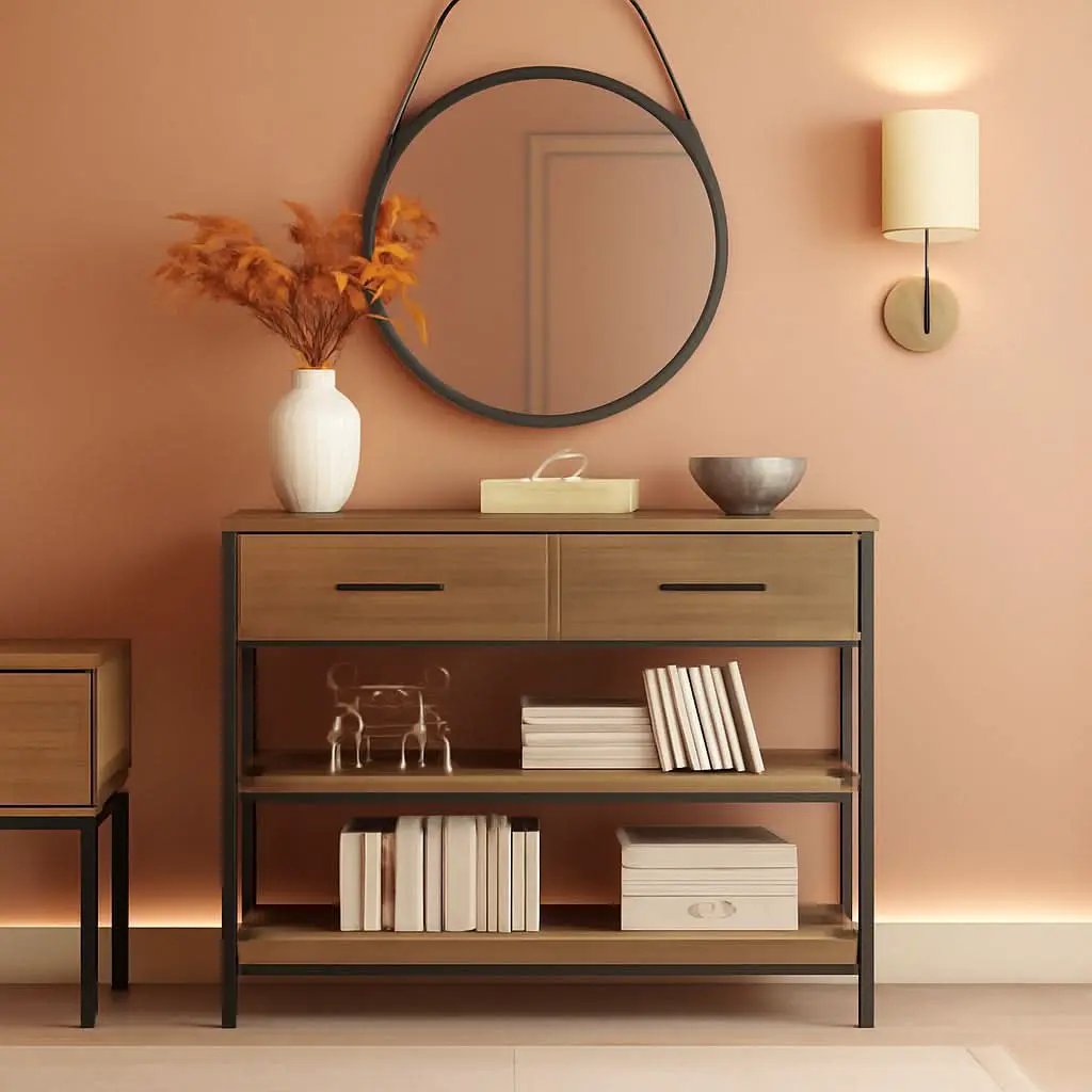 Rustic Brown Industrial Console Table With Storage Shelves from PriceLows™
