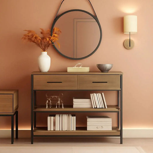 Rustic Brown Industrial Console Table With Storage Shelves from PriceLows™
