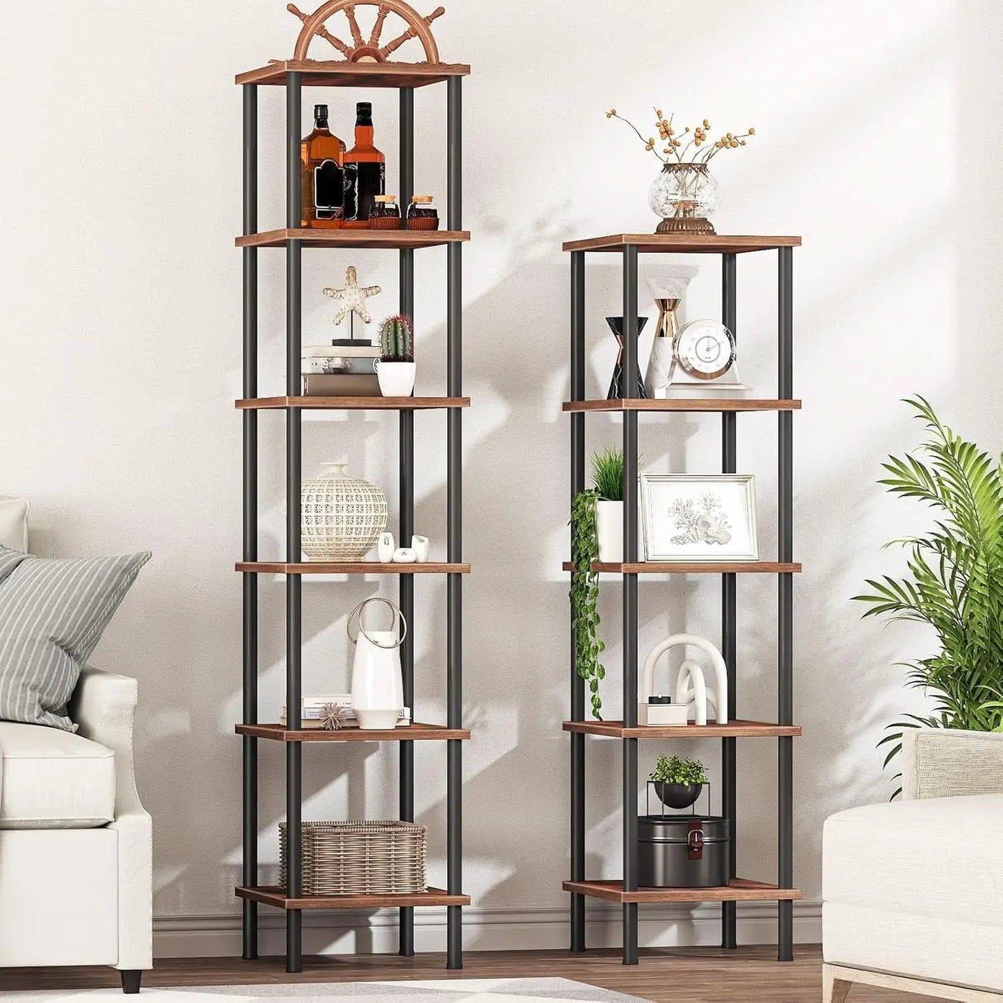 Five Tier Corner Shelf Stand Rustic Brown And Black Bookcase from PriceLows™
