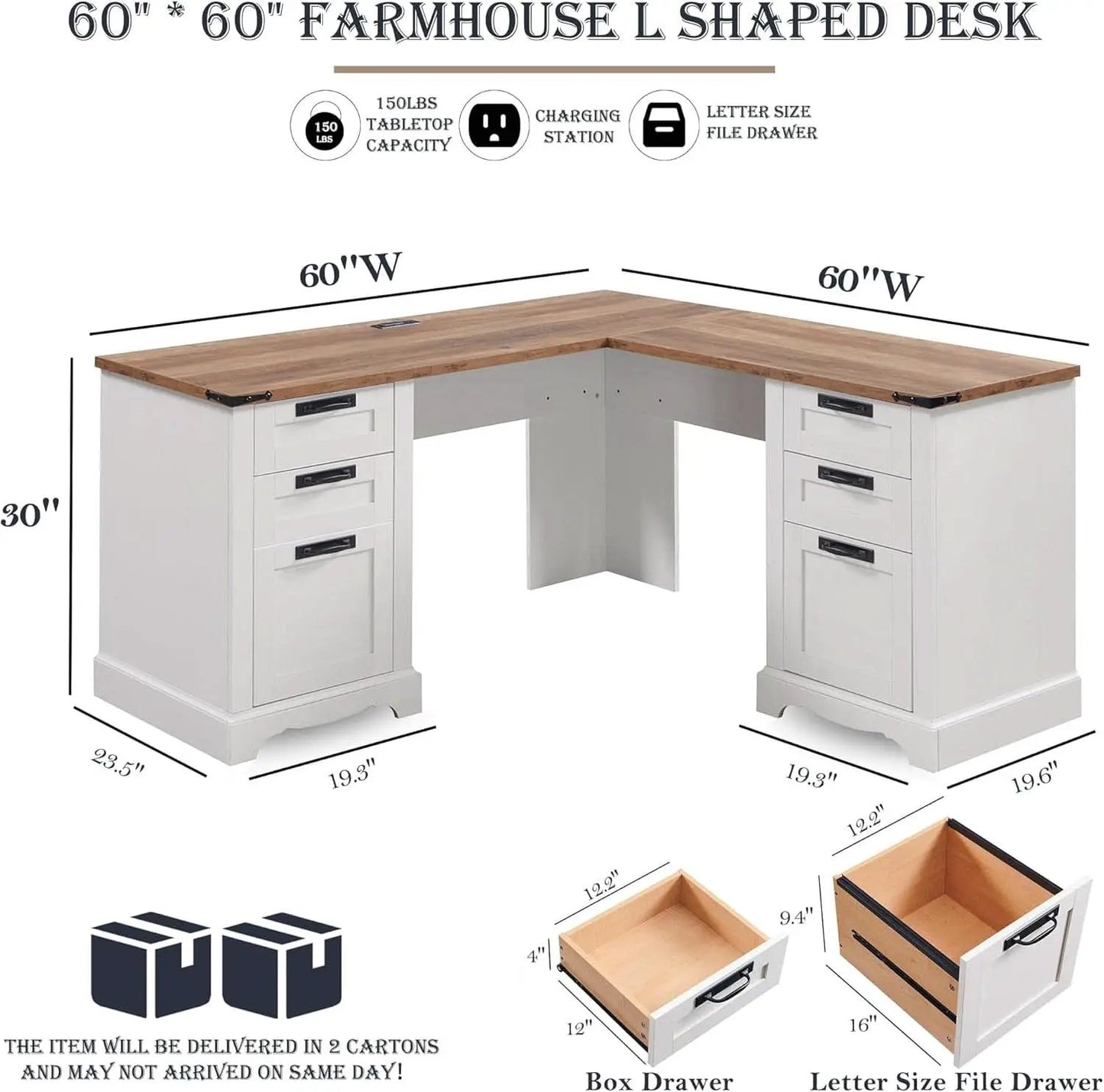 60 Inch Farmhouse L Shaped Desk Antique White With Drawers from PriceLows™