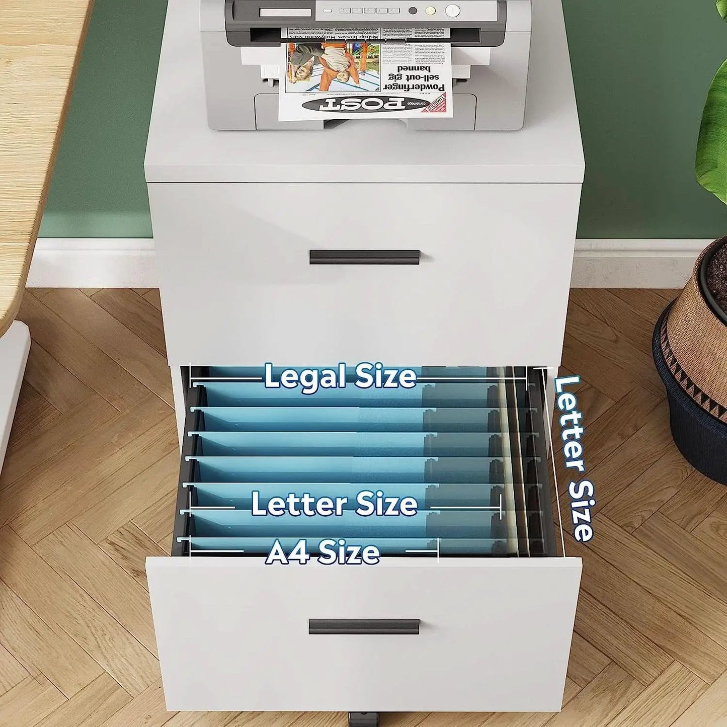 Mobile White Wood Lateral File Cabinet With 2 Drawers from PriceLows™