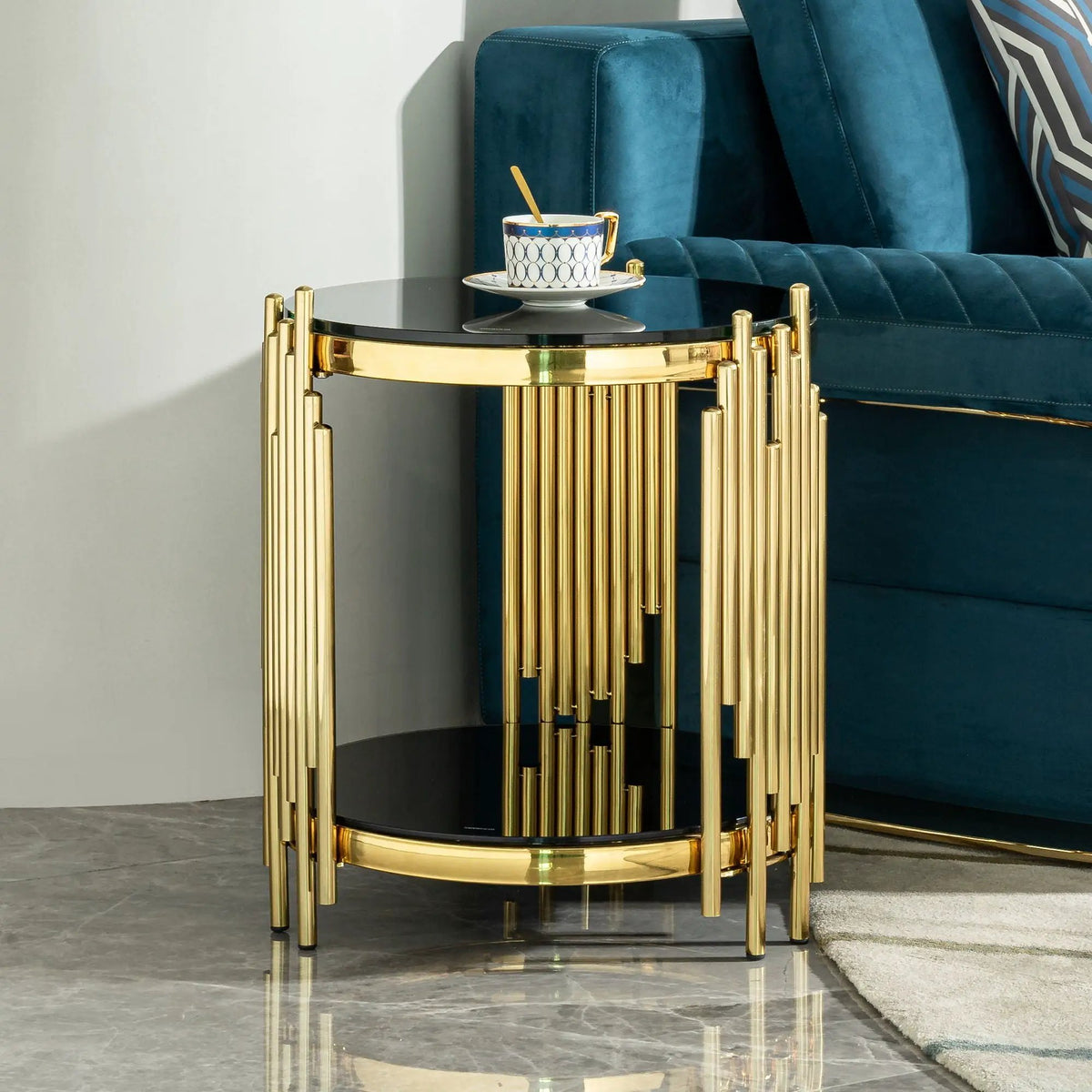 Round Side Table | Double Layer Tempered Glass Top | Mirror Finish Stainless Steel Frame | 21.65 Inch Height