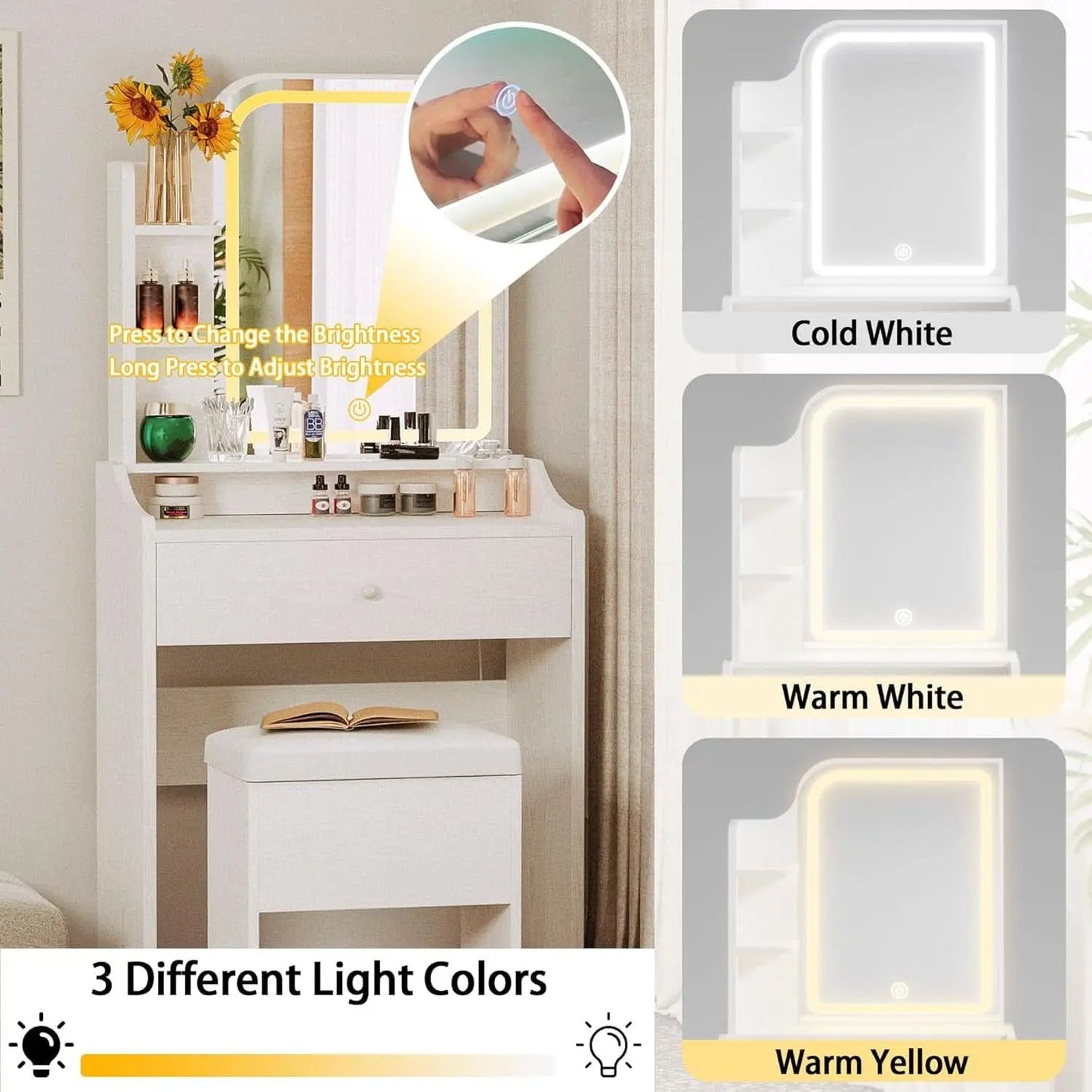 White Vanity Set With Lighted Mirror Modern Bedroom Desk from PriceLows™