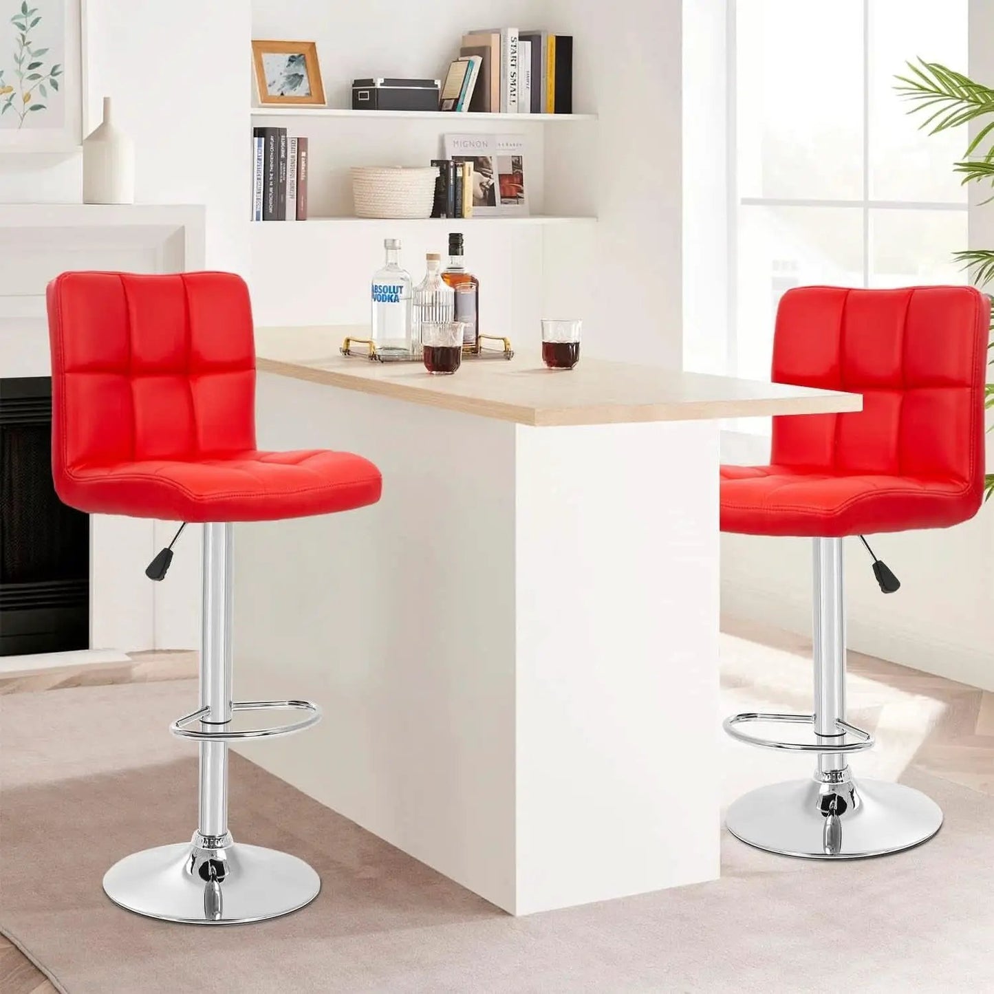 Red Adjustable Swivel Bar Stools Set Of 2 PU Leather from PriceLows™