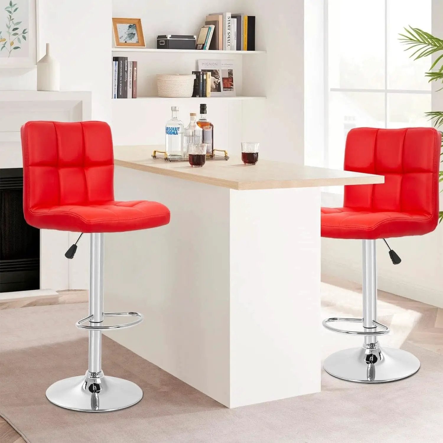 Red Adjustable Swivel Bar Stools Set Of 2 PU Leather from PriceLows™