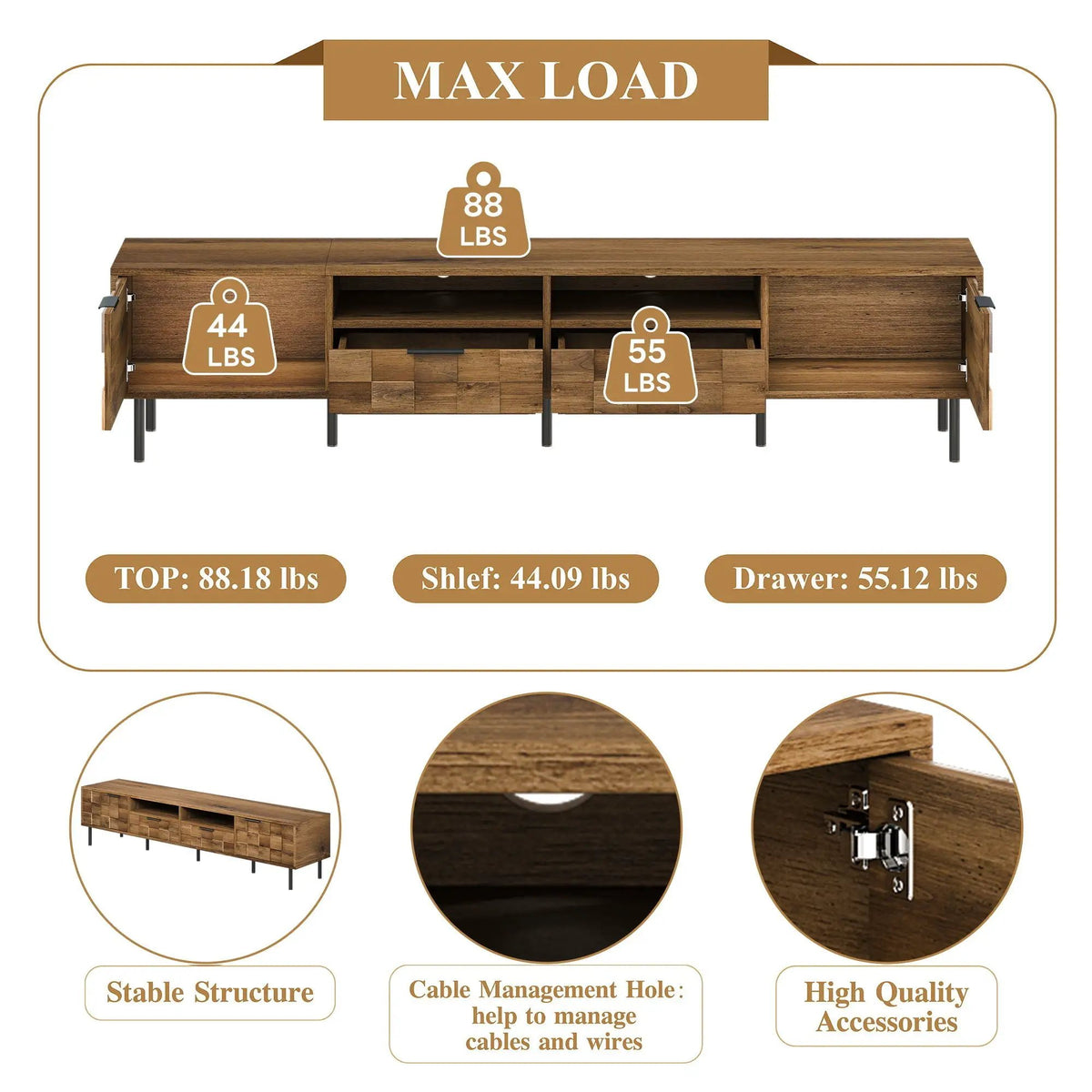 TV Stand | Media Console | 78.7 Inch with 2 Drawers 4 Cabinets | Mid Century