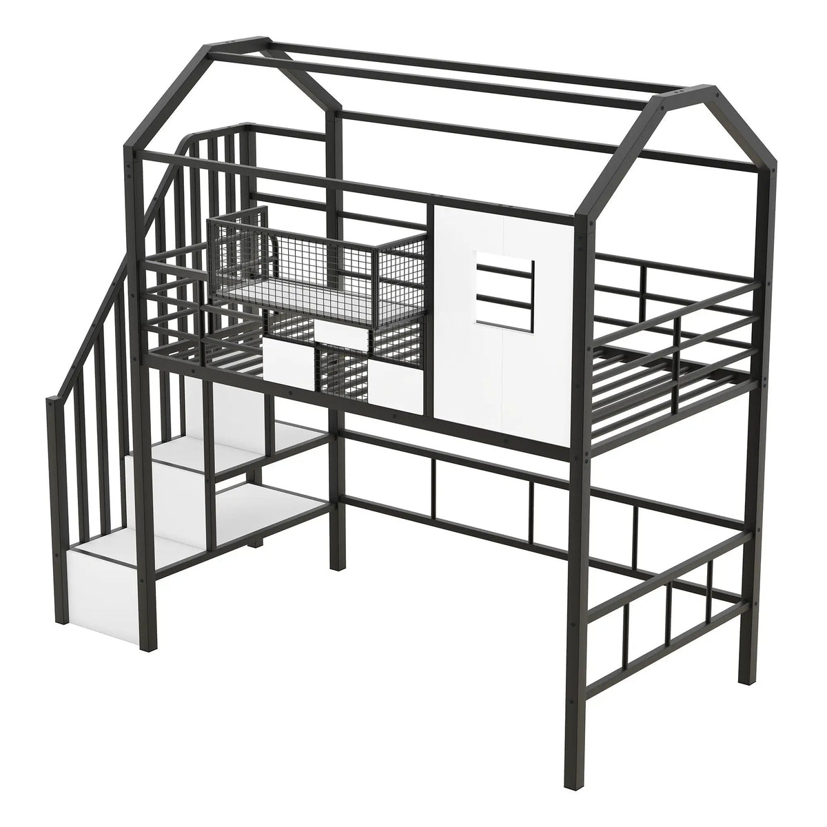 Metal Loft Bed | Roof Design | Storage Box | Integrated Ladder
