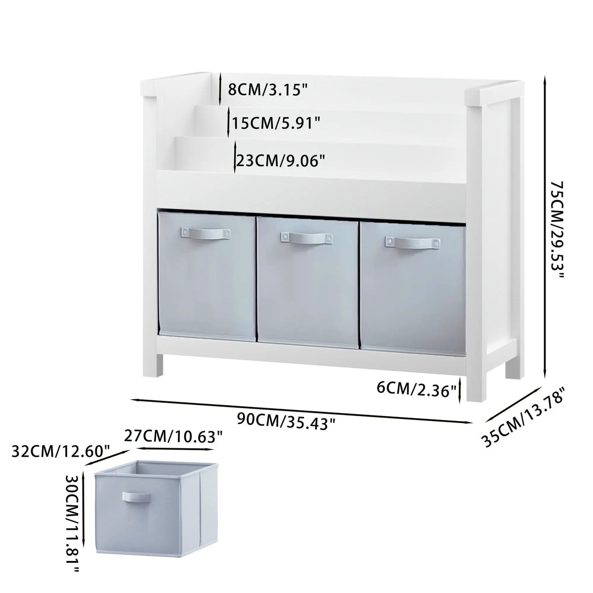 Kids Bookshelf | 3 Tier Front Facing | 3 Fabric Bins | White