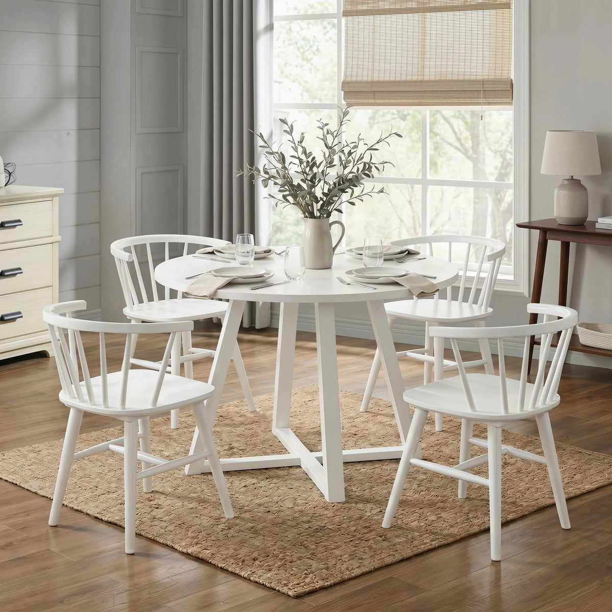 Edo Trestle Dining Table Set | 5-Piece | 4 White Windsor Chairs | Melamine Tabletop