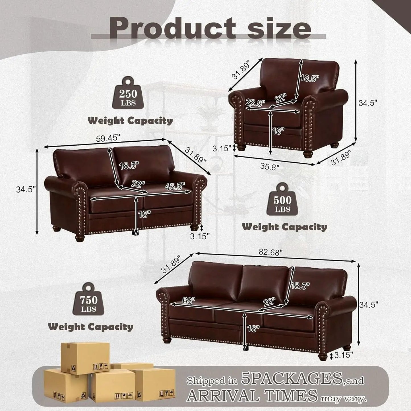 3 Piece Faux Leather Sofa Set With Storage In Burgundy Mid Century Modern Living Room from PriceLows™