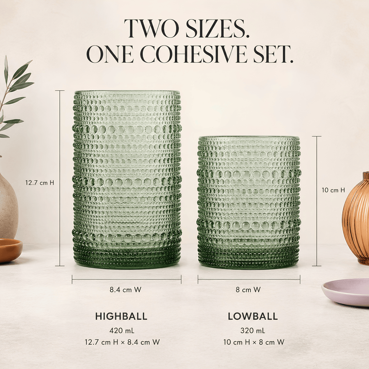Tonal Hobnail Highball & Lowball Glassware | 14 oz | Set of 12 | Entertaining