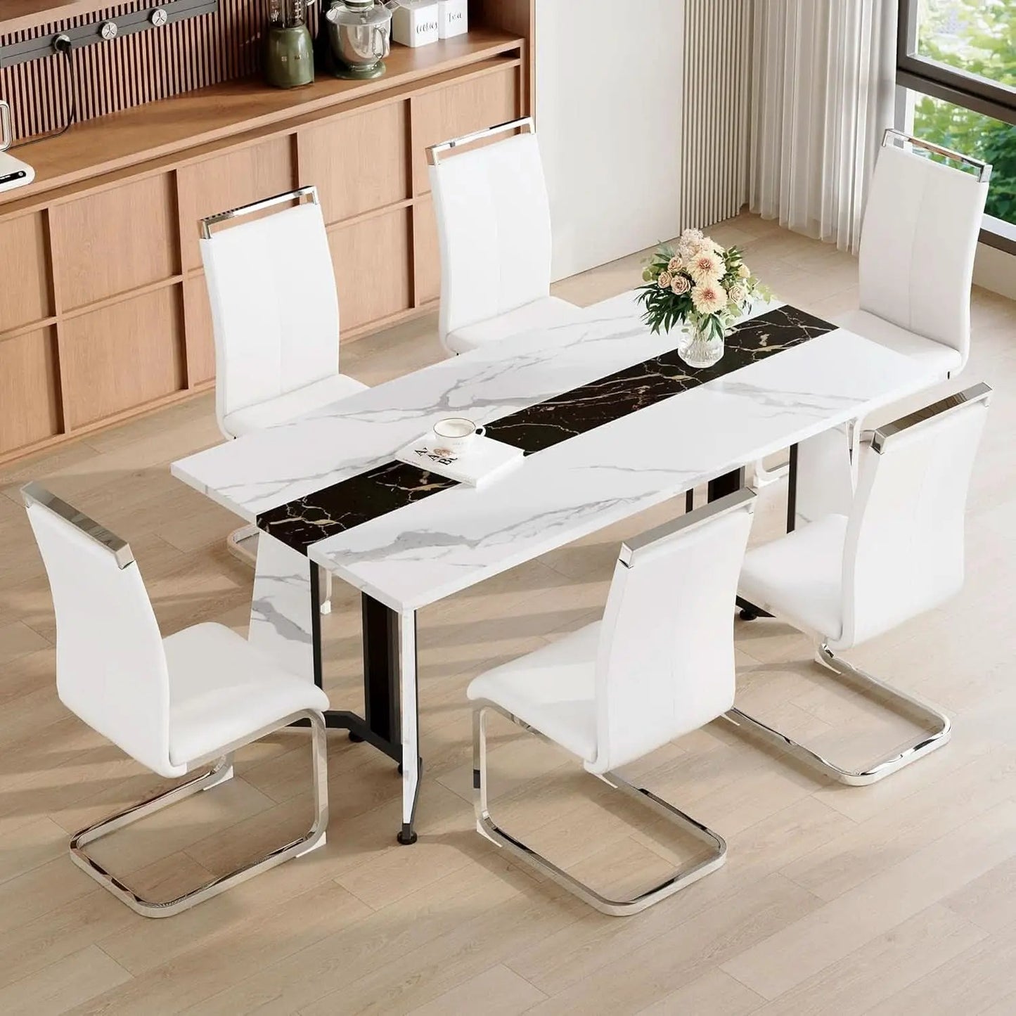 Dining Table Set For Six Seventy One Inch White Marble Top Leather Chairs from PriceLows™