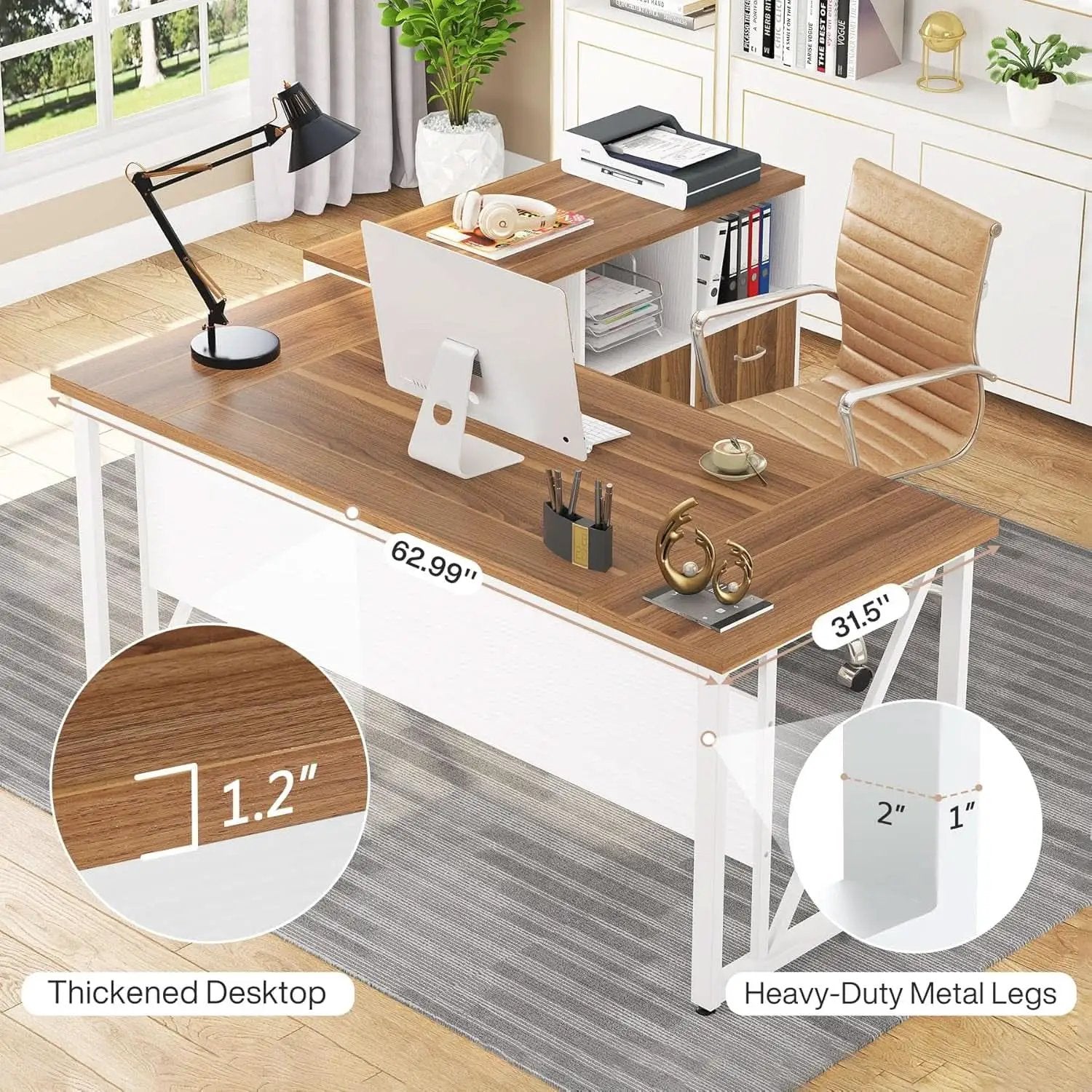 63 Inch L Desk With File Cabinet Walnut White Finish from PriceLows™