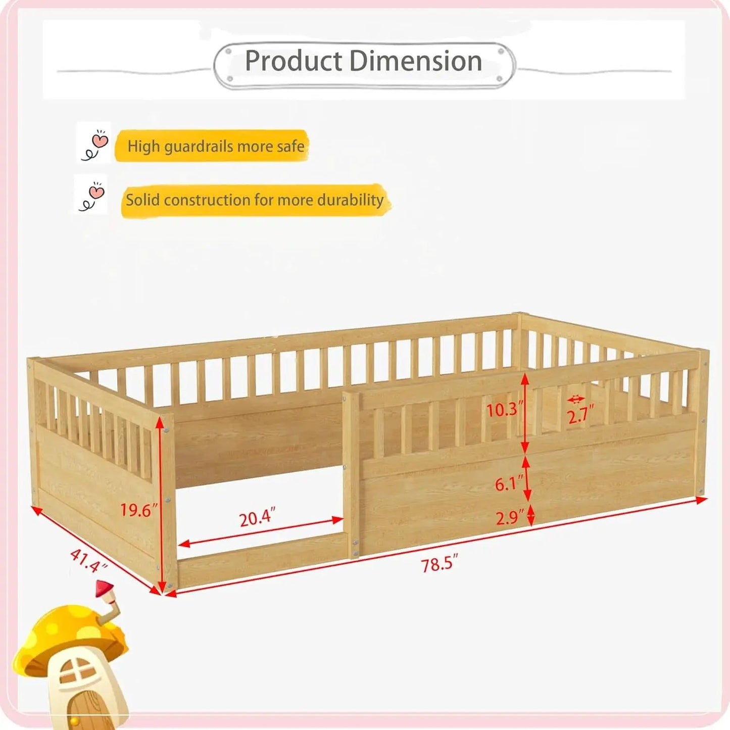 Twin Montessori Floor Bed With High Safety Rails Natural from PriceLows™