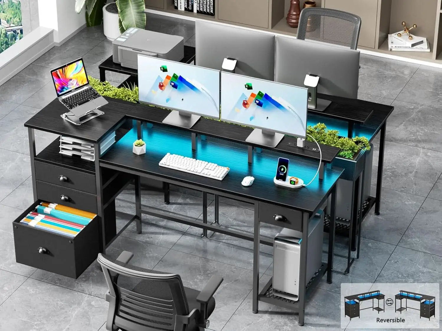 Black 60 Inch Computer Desk With 4 Drawers And Led Lights from PriceLows™