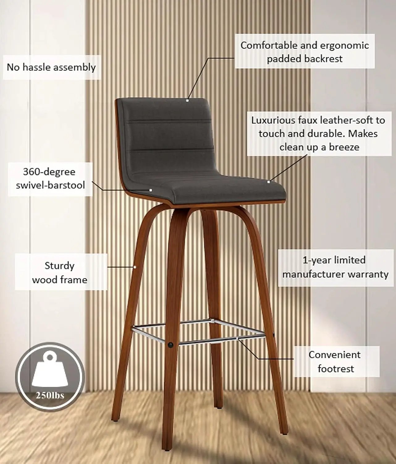 Mid-Century Modern Barstool Grey Faux Leather Wood Finish from PriceLows™