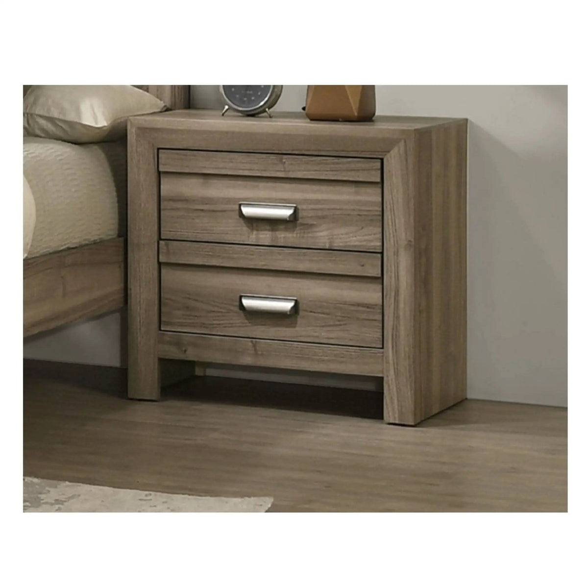 2 Drawer Nightstand With Pulls, Bedroom Furniture Light | 23.6 x 15.9 x 23.6 in | Solid Wood & Metal | Brown