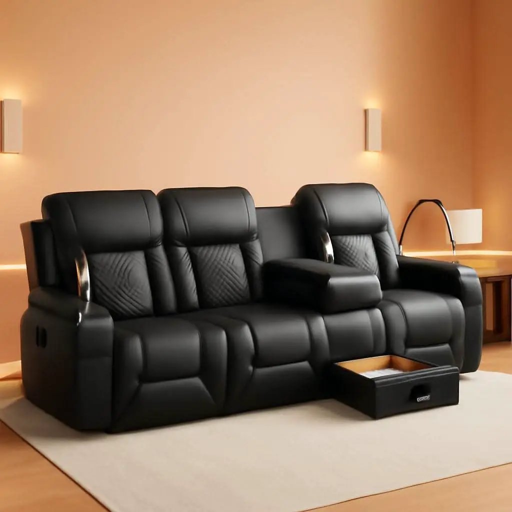 Black PU Leather Four Seater Recliner With USB Ports from PriceLows™