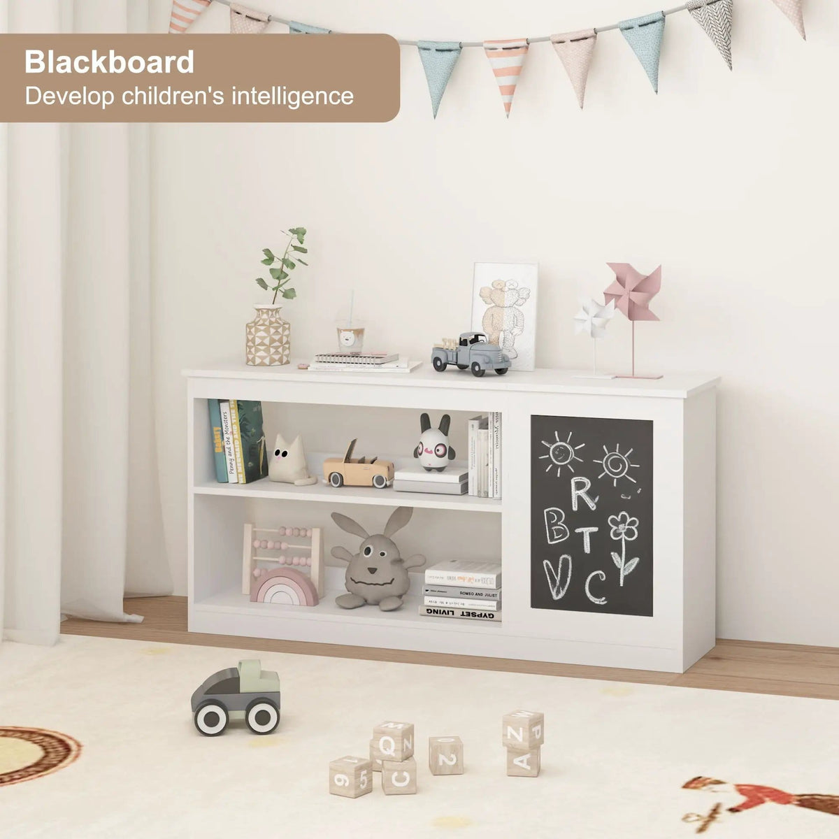 3 In 1 Bookshelf And Toy Storage Cabinet With Chalkboard, Organizer For Playroom | 46.65 x 11.81 x 23.62 in | Home Office Furniture | White