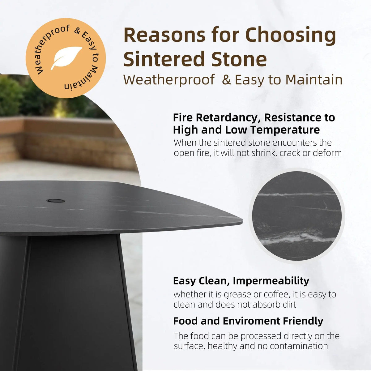 Outdoor Patio Dining Set | Squircle Sintered Stone Table | Sunbrella Cushion Chairs | Rust-Free Aluminum Frame