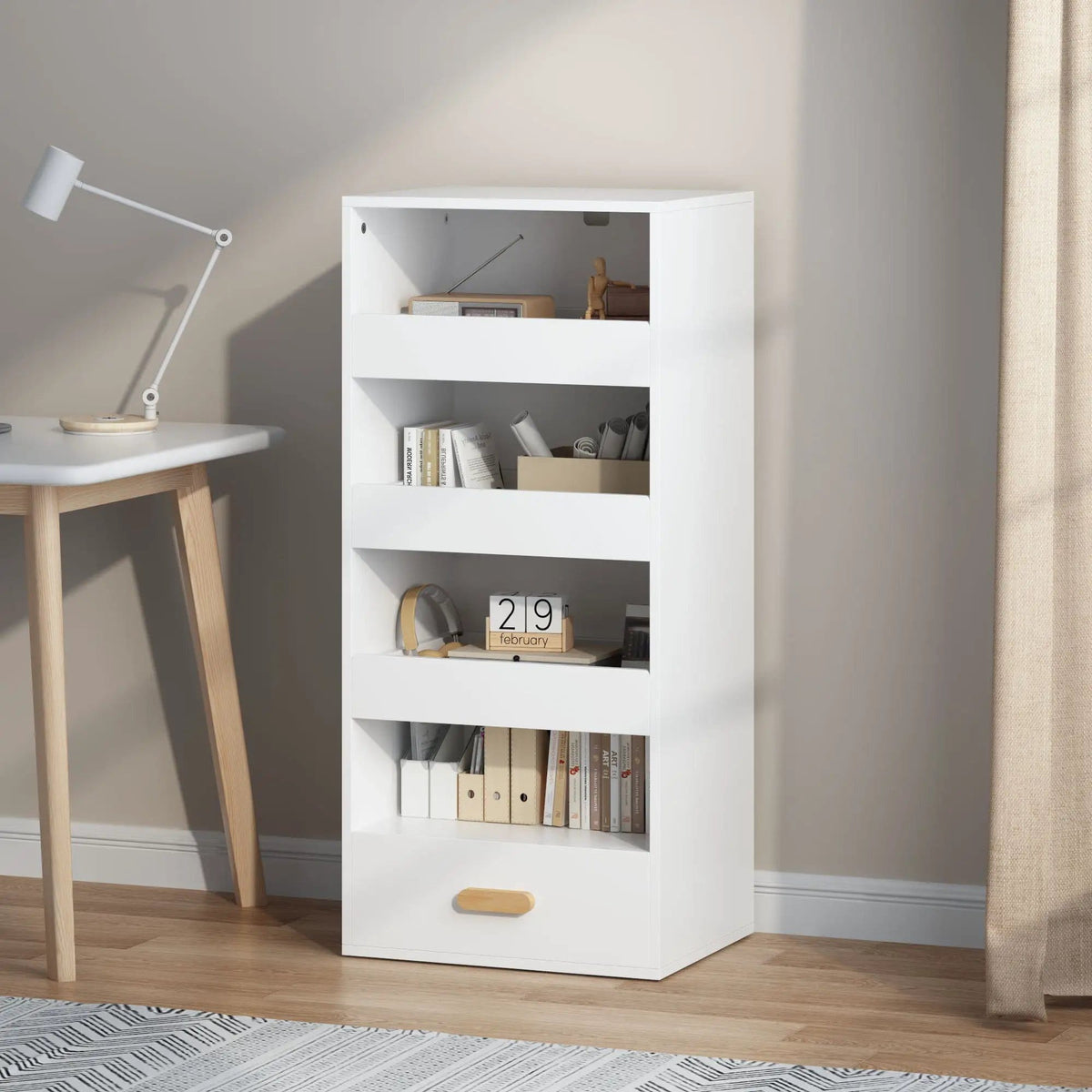 4 Tier Freestanding Bookshelf With 3 Sliding Drawers And 1 Bottom Drawer - Bookcase | 18.9 x 14.96 x 42.13 in | Engineered Wood | White