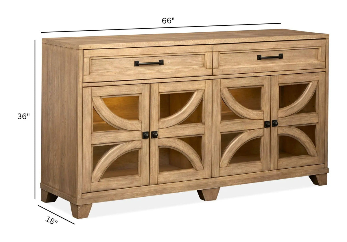 Coventry Buffet | 18 x 66 x 36 in | Oak Veneer & Tempered Glass | Honey Maple