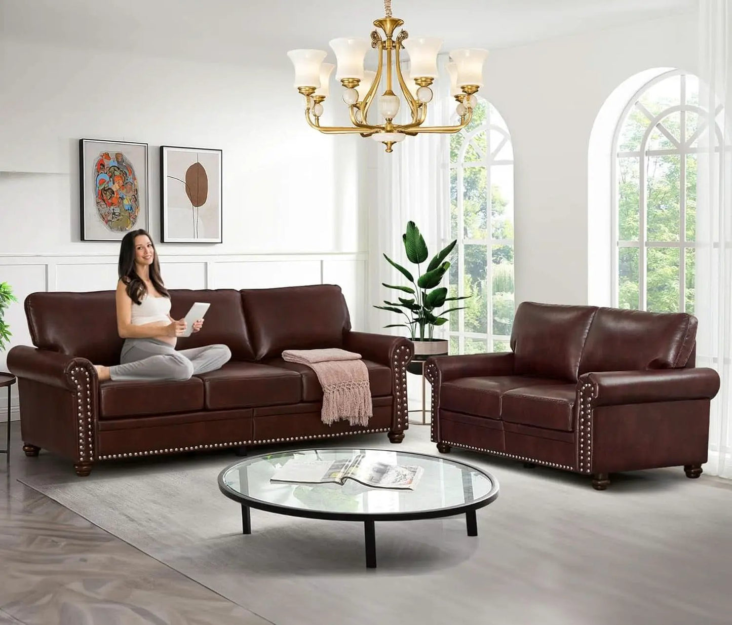 Two Piece Upholstered PU Leather Sofa Set With Hidden Storage Red Brown Mid Century Modern Living Room Furniture from PriceLows™