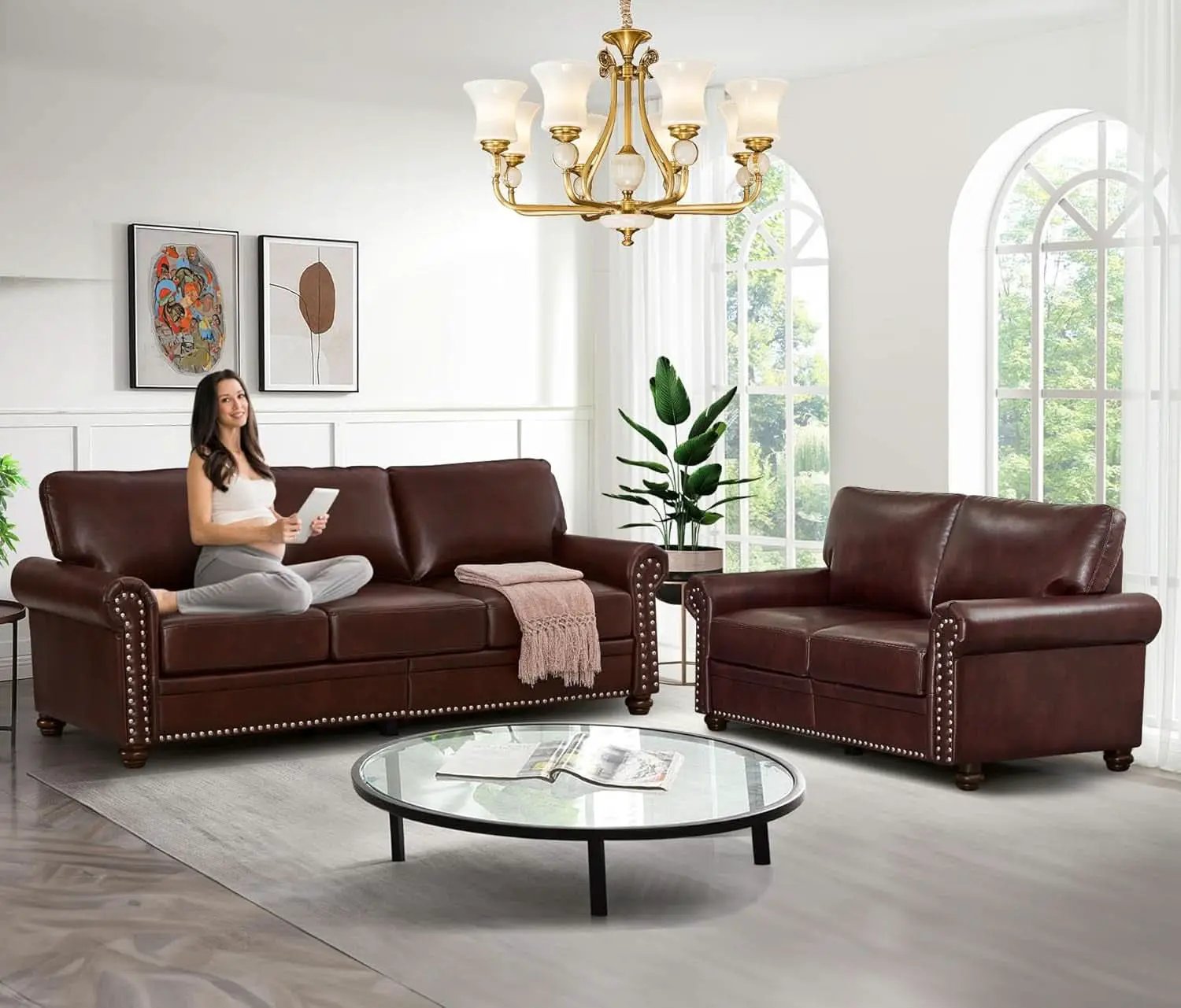 Two Piece Upholstered PU Leather Sofa Set With Hidden Storage Red Brown Mid Century Modern Living Room Furniture from PriceLows™
