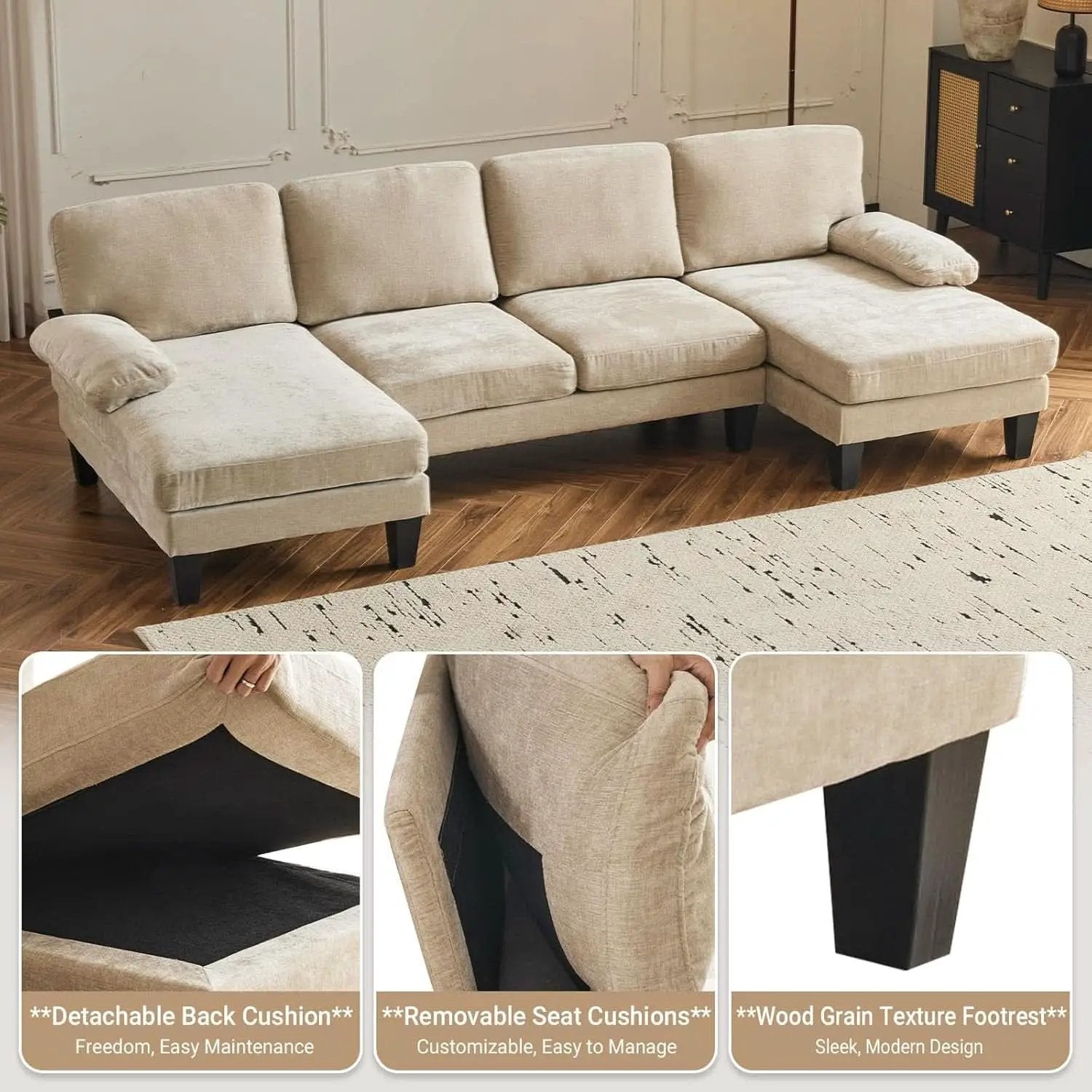 Light Khaki 110 Inch U Shape Sectional Sofa Double Chaise from PriceLows™