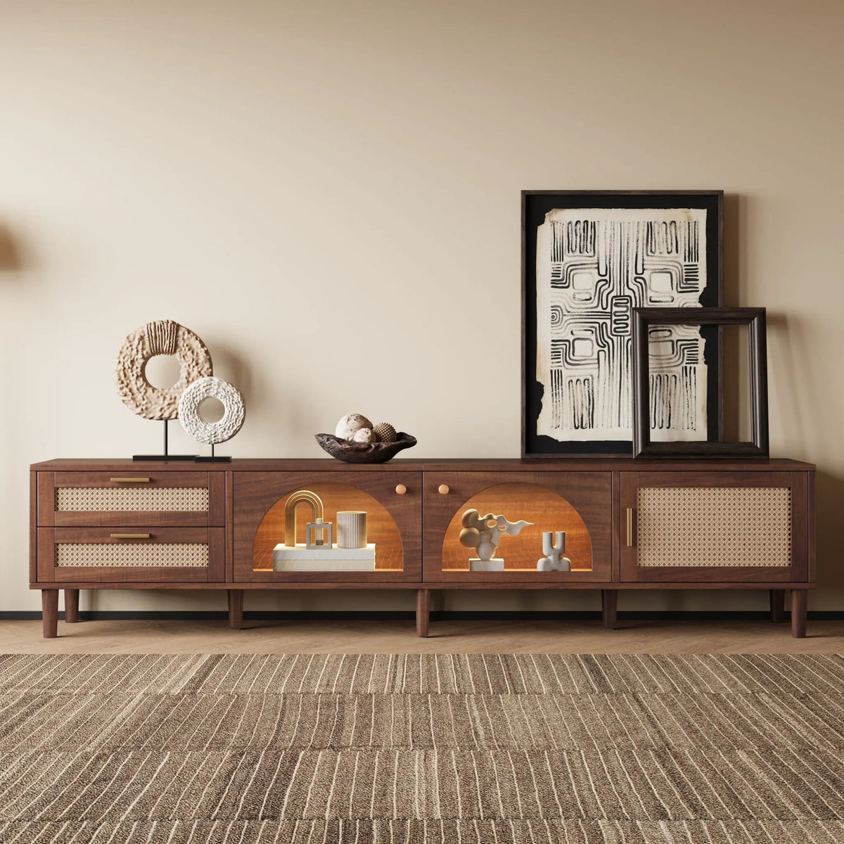 TV Stand | App Controlled LED Lights | Rattan Door Storage | Large TV