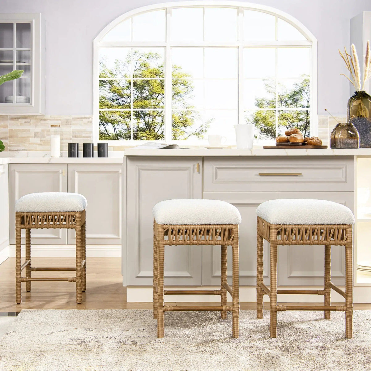 Lucia Backless Upholstered Counter Stool With Frame Counter Height (24"-27") | 15.5 x 15.5 x 25.5 in | Boucle & Rattan | Ivory White