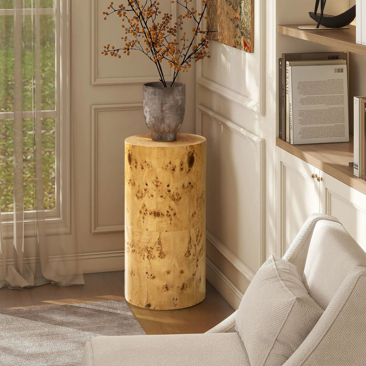 Nebula Pillar Side Table | Burl Wood Veneer | 29.5 Inch Height | Side Table Or Plinth