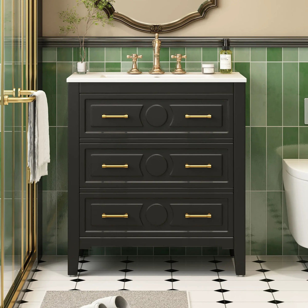 30 Inch Retro Bathroom Vanity | Free Standing Single Set | 3 Drawers | Solid Wood Frame