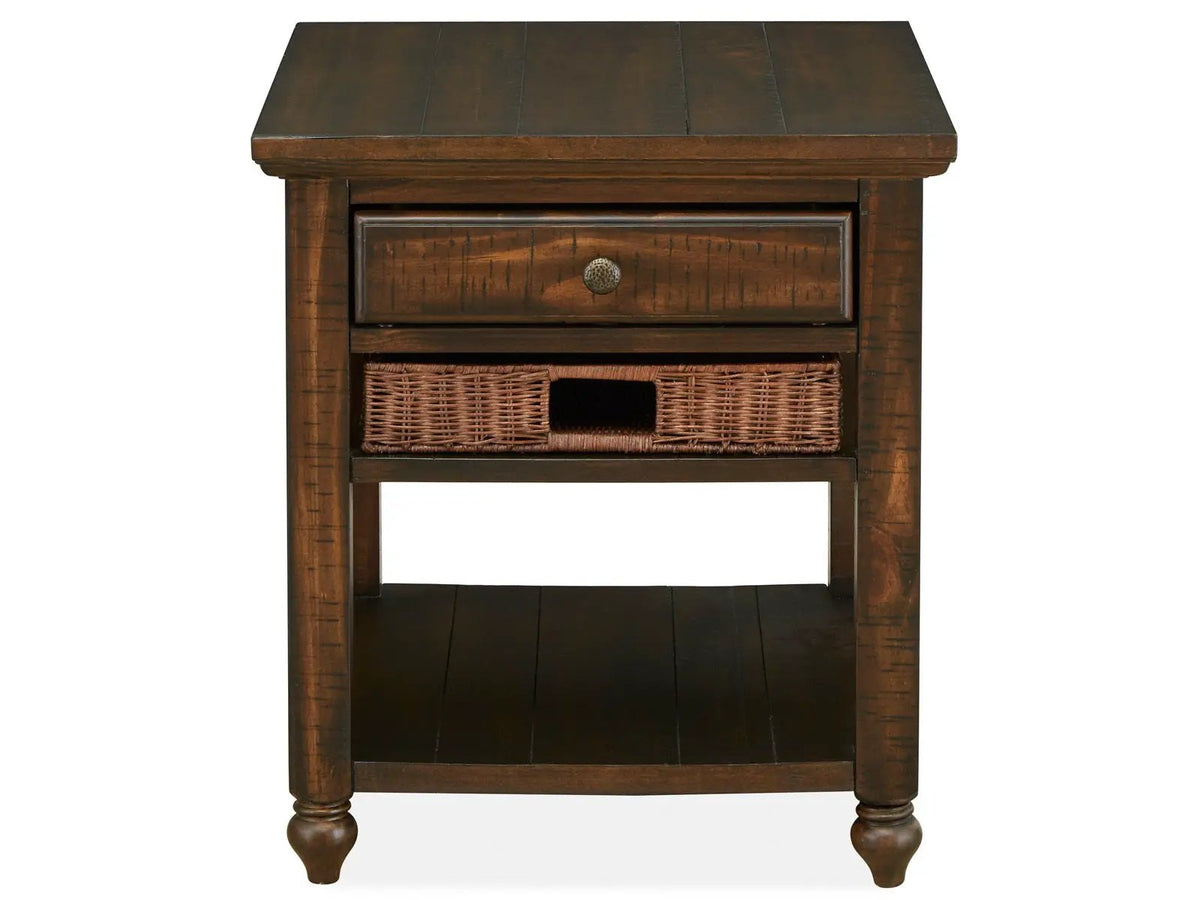 Cottage Lane Rectangular End Table | Coffee Finish | Rattan Baskets | Top Drawer