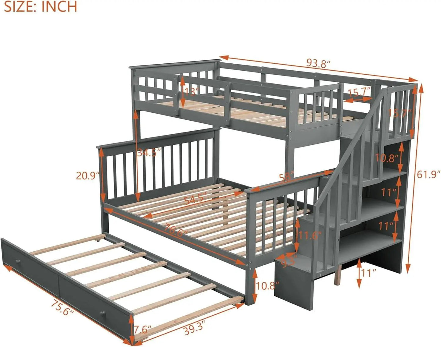 Twin Over Full Bunk Bed With Trundle Storage Shelves Grey from PriceLows™